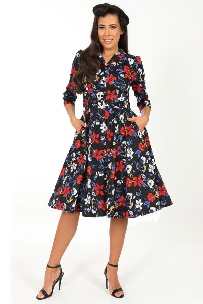 Milly Floral Swing Dress in Black/Red - Hearts & Roses London
