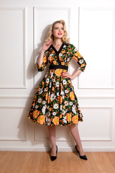 Tessa Floral Swing Dress in Yellow - Hearts & Roses London